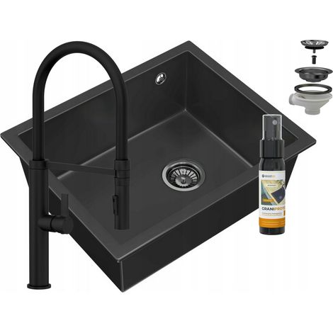 Évier sous-plan en granit Granitan Salix Noir + Mitigeur cuisine Full Noir + Siphon Noir + Produit d’étanchéité GraniProtect 30 ml (1/5)