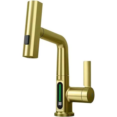 Robinet de Cuisine avec Douchette Extensible, Digital Affichage de la Température LED, Robinetterie Cuisine de Rotatif à 360°, 3 Modes Mitigeur d'Évier pour Lavabo Bains, Hauteur Réglable, Or (1/5)