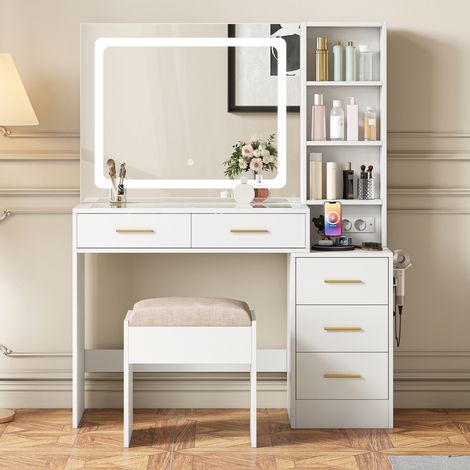 Coiffeuse table de maquillage – Miroir LED 3 températures – Prises électriques et USB – 5 tiroirs et étagères – Support sèche-cheveux– Idéal pour chambre – 110x36x140 cm – Blanc (1/5)