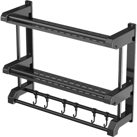 Support Douche Adhésif - Double Étagère avec Crochets - Acier Inoxydable et Plastique - 40 x 38 cm - Noir - 1 Pièce (1/5)