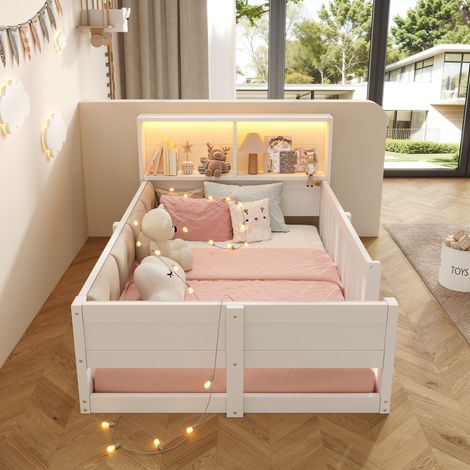 Lit enfant 90x200cm - Barrières LED rangement tête de lit rembourré - Panneaux particules - Blanc (1/5)