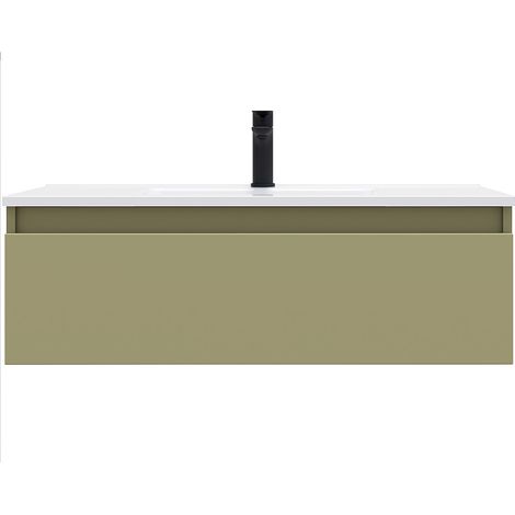 Meuble de salle de bain suspendu vasque intégrée 90cm 1 tiroir Vert olive - Hudson (1/5)