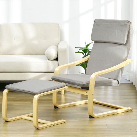 Poltrona con poggiapiedi, rivestimento effetto lino, struttura in legno, portata massima 120 kg, grigio chiaro/naturale (1/5)