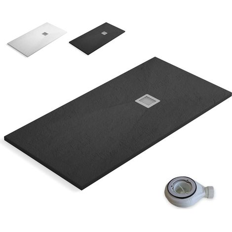 Plato de Ducha de Resina Extraplano Antideslizante Válvula de Desagüe y Rejilla Pizarra Suave Antracita 70 X 70 cm