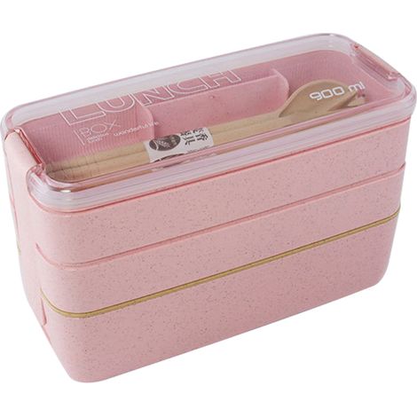 Boîte à lunch écologique à 3 compartiments en paille de blé, contenant alimentaire portable, ensemble fourchette et cuillère (rose) (1/4)