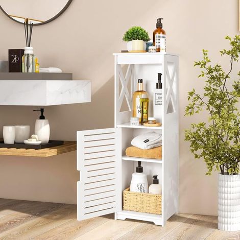 Armoire de Salle de Bain, Meuble de Rangement sur Pied avec Porte et Volets, Blanc, 26 x 20 x 75 cm, 3 Étages, Moderne, Salle de Bain (1/5)