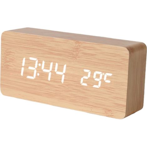 Réveil numérique LED en bois, horloge de chevet en bois avec grand écran LCD, heure, date, affichage de la température(jaune,lumière blanche) (1/5)