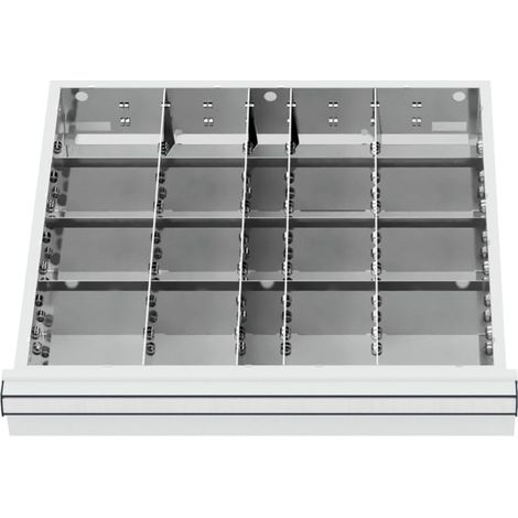 Compartimentage de tiroir STIER, séparations en métal, BLH 200-300 mm, dimensions intérieures 500x450 mm, 20 casiers, 6 x TW 125