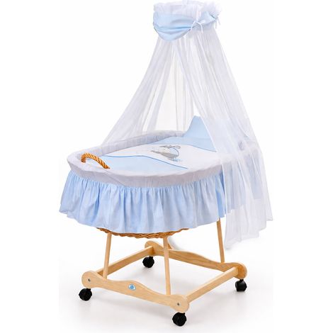 Moisés de mimbre con dosel Donkey Lucek - ropa de cama natural + azul (1/5)