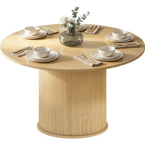 Table 120 x 76 cm à manger ronde pour 5 personnes de cuisine avec base cylindrique cannelée Ø, bois naturel (1/5)