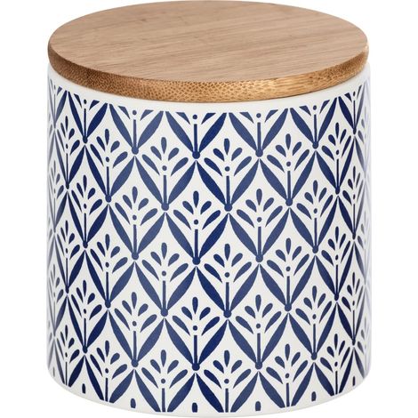 Wenko 54094100 - Scatola portaoggetti Lorca con coperchio in bambù, capacità: 0,45 l, ceramica, 10 x 10 x 10 cm, blu/bianco (1/3)