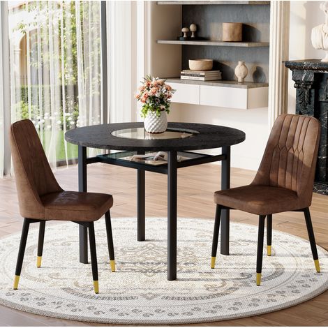 REDOM - Ensemble table ronde avec 2 chaises, insert en verre, étagère en verre, MDF métal tissu marron noir (1/5)