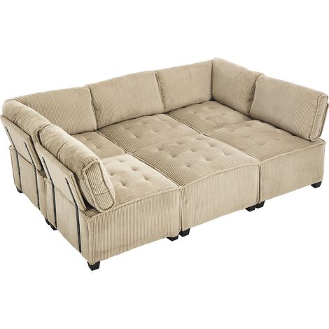 Sofá Modular 6 Plazas en Terciopelo Acanalado con Brazo, Respaldo Ergonómico y Bolsillos Laterales, Caqui (1/4)