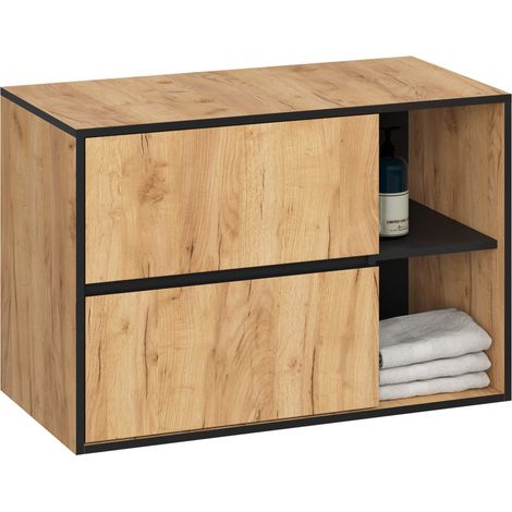 Mobile bagno sospeso con lavabo VAMI Rovere Craft 90 cm 2 cassetti Colore interno Nero 2 ripiani 90x45,5x60 cm (1/5)