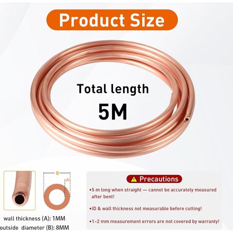 Tube rond en cuivre souple - Longueur : 5 m - Diamètre : 8 mm - Épaisseur : 1 mm - Pour générateurs, rails, appareils de commutation (1/4)