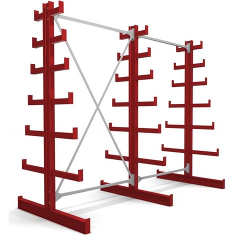 Rayonnage à bras en porte-à-faux STIER, double, 2 travées avec 6 niveaux décroissants 2600x2000x500 mm, rouge feu