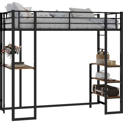 Lit mezzanine 90x190 cm gain de place avec bureau intégré, échelle double face, rangement sous le lit, structure métal noir pour chambre enfant ou ado - CHICFURN (1/5)