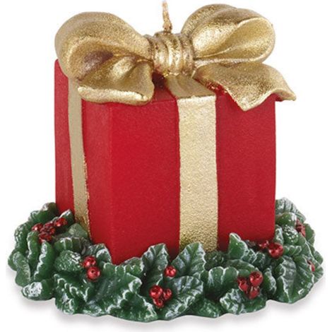 Candela decorativa natalizia a forma di pacco regalo rosso 13,5 cm x 11,5 cm (1/4)