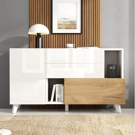 Aparador 130x40x70 cm blanco y roble claro en tablero de partículas con almacenaje modular (1/5)