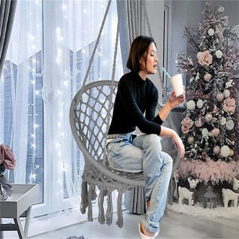 Fauteuil suspendu en macramé, balancelle en maille tricotée, pour terrasse, balcon, jardin ou salon, gris (1/3)