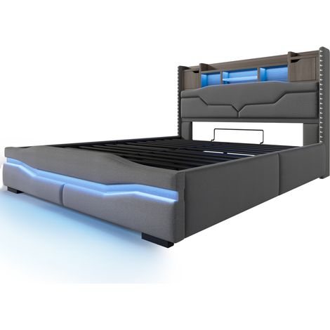 Lit coffre 160x200 cm en lin gris avec LED, USB, prise et tête de lit avec rangement (1/5)