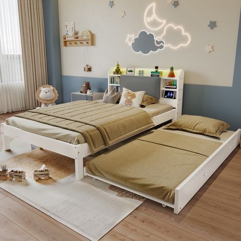 Lit en bois 120x200 cm avec lit gigogne 90x190 cm, blanc OKMYHOME (1/5)
