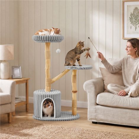 Yaheetech Arbre à Chat Gris 104 cm Bois de Poirier Massif avec Griffoirs 3 espaces repos housses lavables, charge max niche 20kg, plateformes progressives, pompon ludique chatons et chats âgés (1/5)