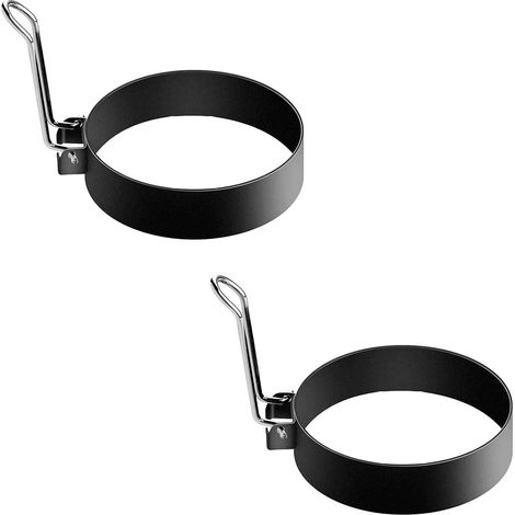Lot de 2 moules à pâtisserie en acier inoxydable, ronds à œufs au plat, à crêpes, antiadhésifs, avec poignées pliables, permettant également de réaliser des hamburgers, du pain et des omelettes. (1/5)