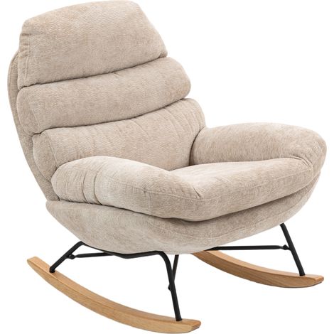 Fauteuil à bascule rembourré avec pieds en acier et patins en bois, blanc crème (1/5)