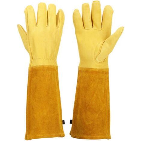 Gants de jardinage Gauntlet pour femmes et hommes, gants d'élagage respirants pour roses avec gantelet anti-épines, manches longues en cuir de vachette durable Gants de jardin (L, Jaune) (1/5)