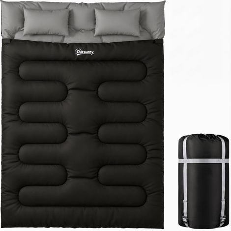 Sac de couchage double 2 personnes, 220x160x10cm, noir, 400g/m², convertible en 2 sacs individuels, avec 2 oreillers et capuche