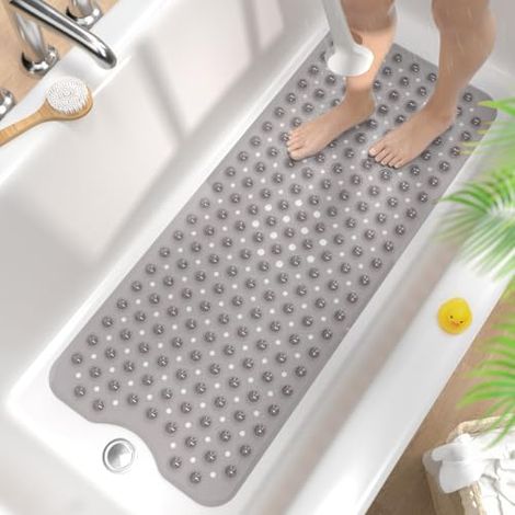 Tapis de Baignoire Antidérapant, 101 x 40cm Très Long Tapis de Douche Antiderapant, Résistant aux Moisissures & Lavable en Machine Tapis de Bain sans BPA, Gris