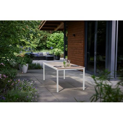 Dmora - Mesa de jardín Sarnia, Base de picnic, Mesa de comedor de jardín, Banco multiusos para exterior, 200x95 h75 cm, Roble y Blanco (1/5)