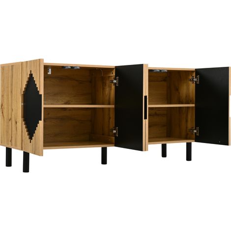 Aparador moderno 140x40x70 cm en MDF y aglomerado, natural y negro, con puertas push-open (1/5)