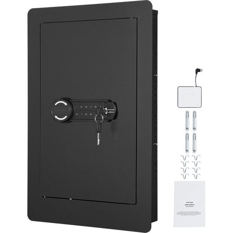 Coffre-fort mural de 65 cm avec clavier numérique, rangement sur 3 niveaux et porte-clés, encastrable avec alarme, finition noire (1/5)