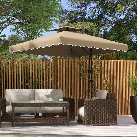 Quadratischer, freitragender Sonnenschirm für den Garten mit Kreuzfuß, Griff, Volant und Doppeldach, 243 x 243 x 251 cm (L x B x H), Khaki