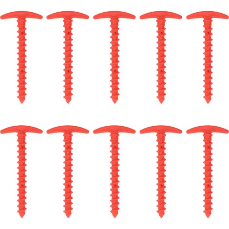 Lot de 10 piquets de tente en plastique de 14,5 cm (5,7 po) en forme de T, ancrages en spirale pour bâches, auvents, camping et randonnée, rouge (1/5)