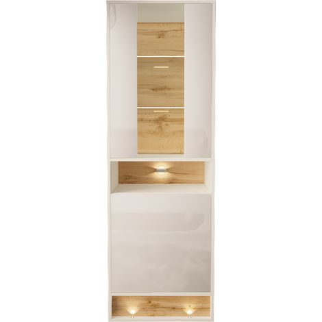 Bim Furniture – Vitrine 180 cm blanc brillant – Chêne Wotan – Corps stratifié 16 mm – Façade MDF 18 mm – Éclairage LED intégré (1/5)