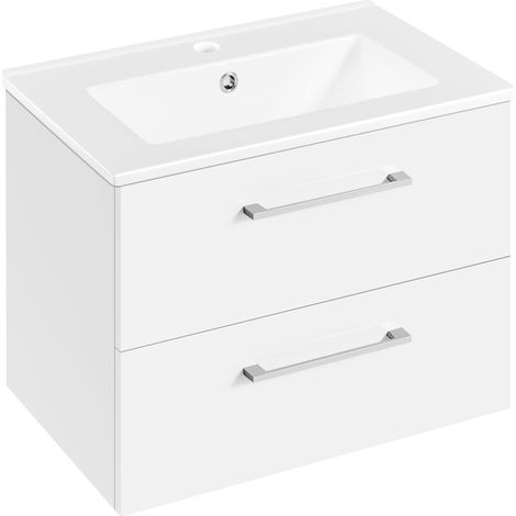 Yaheetech – Meuble salle de bain suspendu avec vasque céramique – 61 cm L × 39,5 cm l × 45,5 cm H – 2 tiroirs – Design moderne blanc