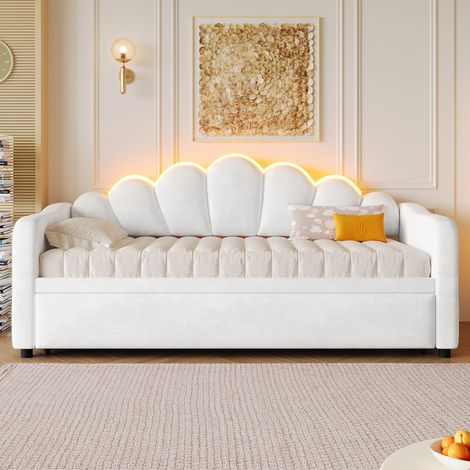 Lit banquette - Gigogne, LED - 90x200 cm - Tête coquillage lit gigogne LED - Velours - Blanc (1/5)
