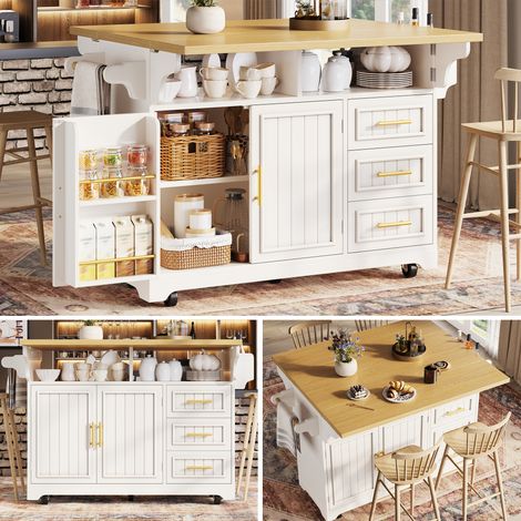 Îlot de cuisine multifonction sur roulettes, plateau extensible des deux côtés, portes motif vertical, nombreux tiroirs de rangement, extension table repas pour votre cuisine (1/5)