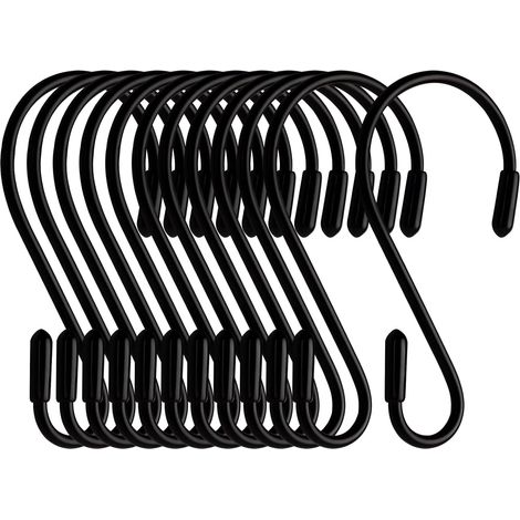 Set of 12 black, 8cm S-hooks, non-slip and rustproof, suitable for hanging plants, cabinets, kitchens and garden tools (1/5)