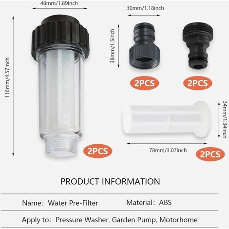 Filtre à Eau pour Tuyau D'arrosage, 2 Pièces 3/4 Pouces Préfiltre à Eau Set de Filtre à Eau Avec 4 éléments Filtrants & 2 Adaptateurs Rapides pour Nettoyeur Haute Pression, Pompe de Jardin (1/4)