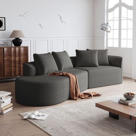 Ecksofa Chenille Dunkelgrau 4-Sitzer mit extra tiefer Sitzfläche und geschwungener Rückenlehne