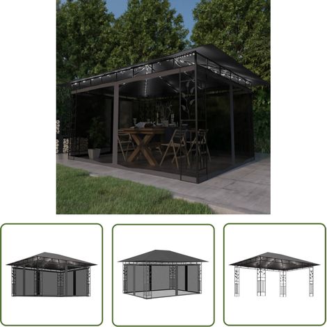 The Living Store Tonnelle avec moustiquaire et lumières LED 4x3x2,73m Anthracite - Tente De Jardin - Auvent Pliable - Abri De Jardin - Parasol - Décoration Extérieure (1/5)