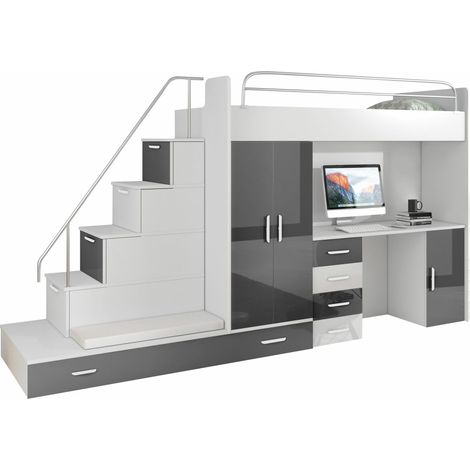 Chambre enfant complète Salmere 100, Blanc + Blanc brillant + Gris brillant (1/4)