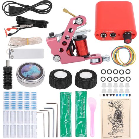 Kit de tatouage professionnel rouge, bloc d'alimentation pour tatouage permanent 90-265V prise US, ensemble complet pour débutants.