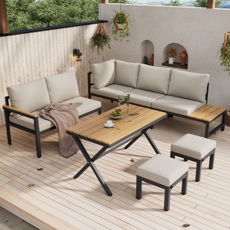 Ensemble de mobilier de jardin en acier galvanisé gris, canapé d'angle, table à manger et 2 tabourets avec coussins antidérapants (1/5)