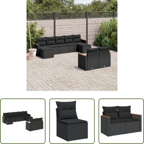 vidaXL Rattan - 9-tlg. Garten-Sofagarnitur mit Kissen Schwarz Poly Rattan (1/5)