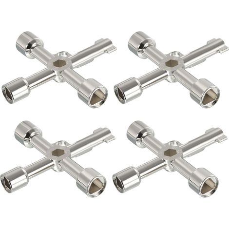 Multifunktions-Universal-Kreuzschlüssel, 4 Stück, Zinklegierung, 4-Wege-Gas-Wasserzähler-Schlüssel, verstellbarer Schraubenschlüssel für elektrisches Schrankventil, Silber (1/5)